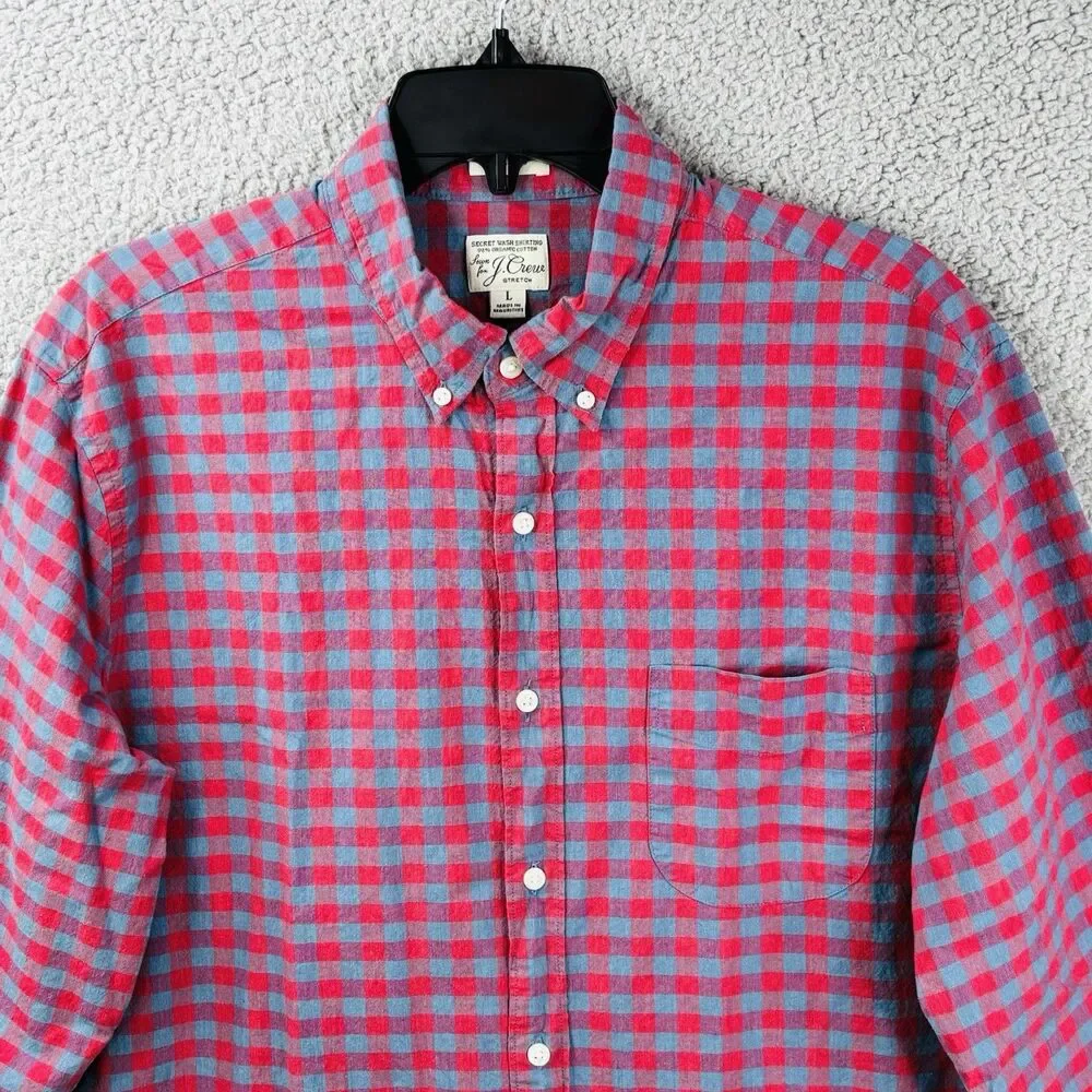 J CREW Shirt Mens L Blue Red Classic Fit Button Secret Wash Organic Cotton